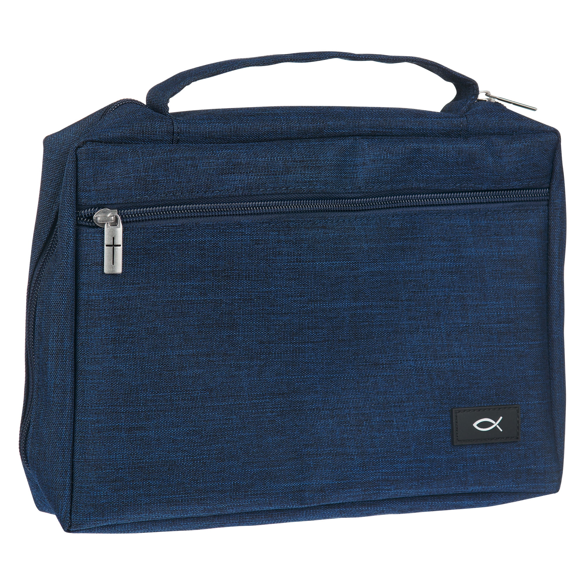Christian Art Gifts Polyester Bible Cover for Men & Women w/ Jesus Fish Patch, Zipper Pocket, Pen Loops, Ribbon Bookmark Markers, Easy Carry Book Case for Stationery, Accessories, Navy Blue, Medium
