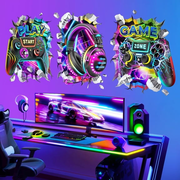 3D Game Wall Decals Colorful Gamer Controller Video Gaming Joystick Wall Stickers Boy Bedroom Teenagers Playroom Wall Decor