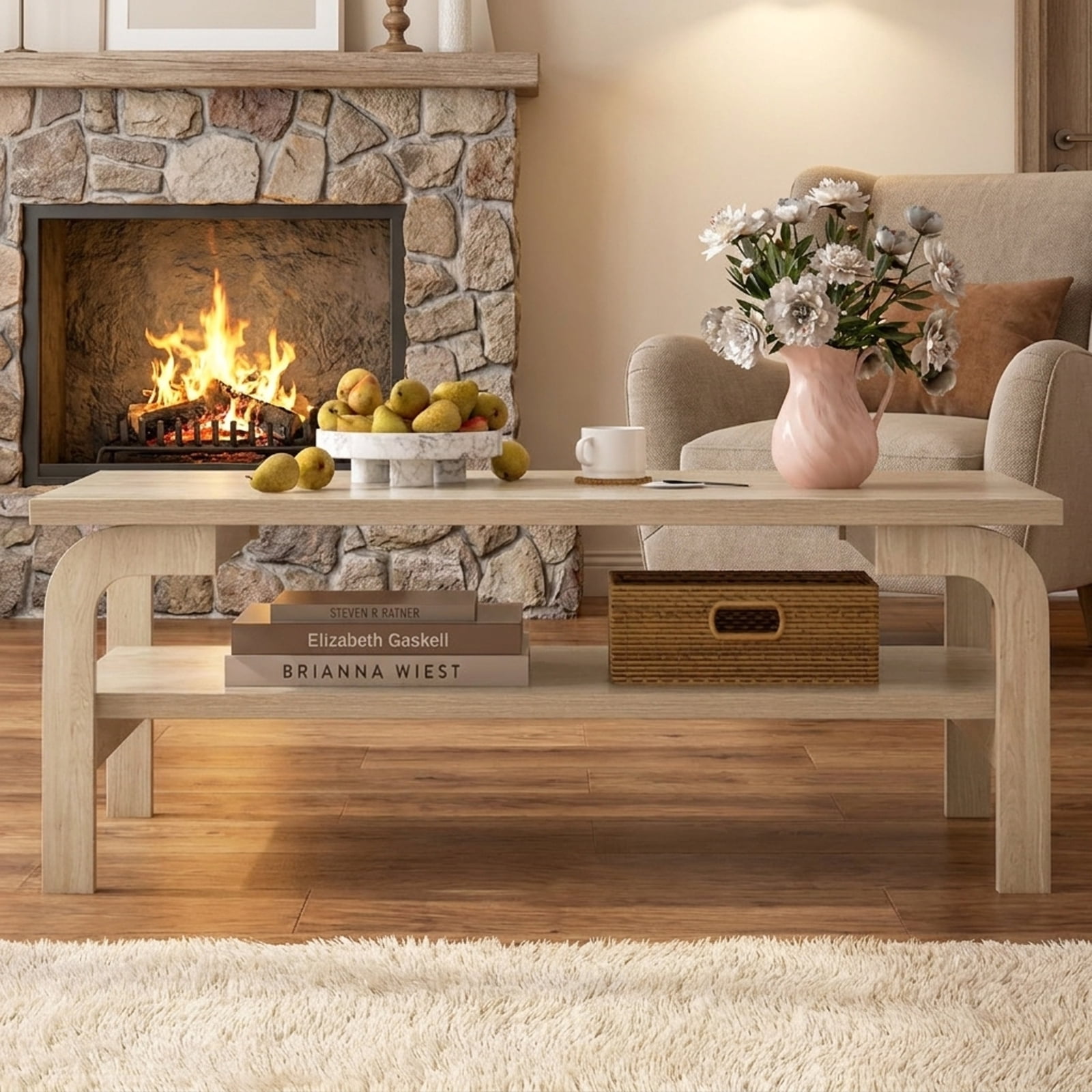Furnibear 47 Inches Accent Rectangular Coffee Table for Living Room - Oak - Living Room Cocktail Center Table