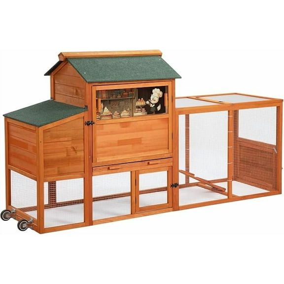 Mobile Chicken Coop with Wheels - Orange Wooden Hen House for 1-2 Chickens, Outdoor Poultry Cage w/ Nesting Box, Run, Weatherproof Design, Tool-Free Assembly & Easy Mobility for Backyard Farming