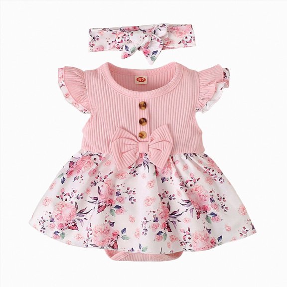 Gubotare Summer Rompers for Baby Girls Newborn Girl Clothes Infant Romper Floral Dress Ruffle Sleeve Bodysuit Outfit Jumpsuit Headband Spring Summer 0 3 6 9 12 18 24 Months (Pink,0-3 Months)