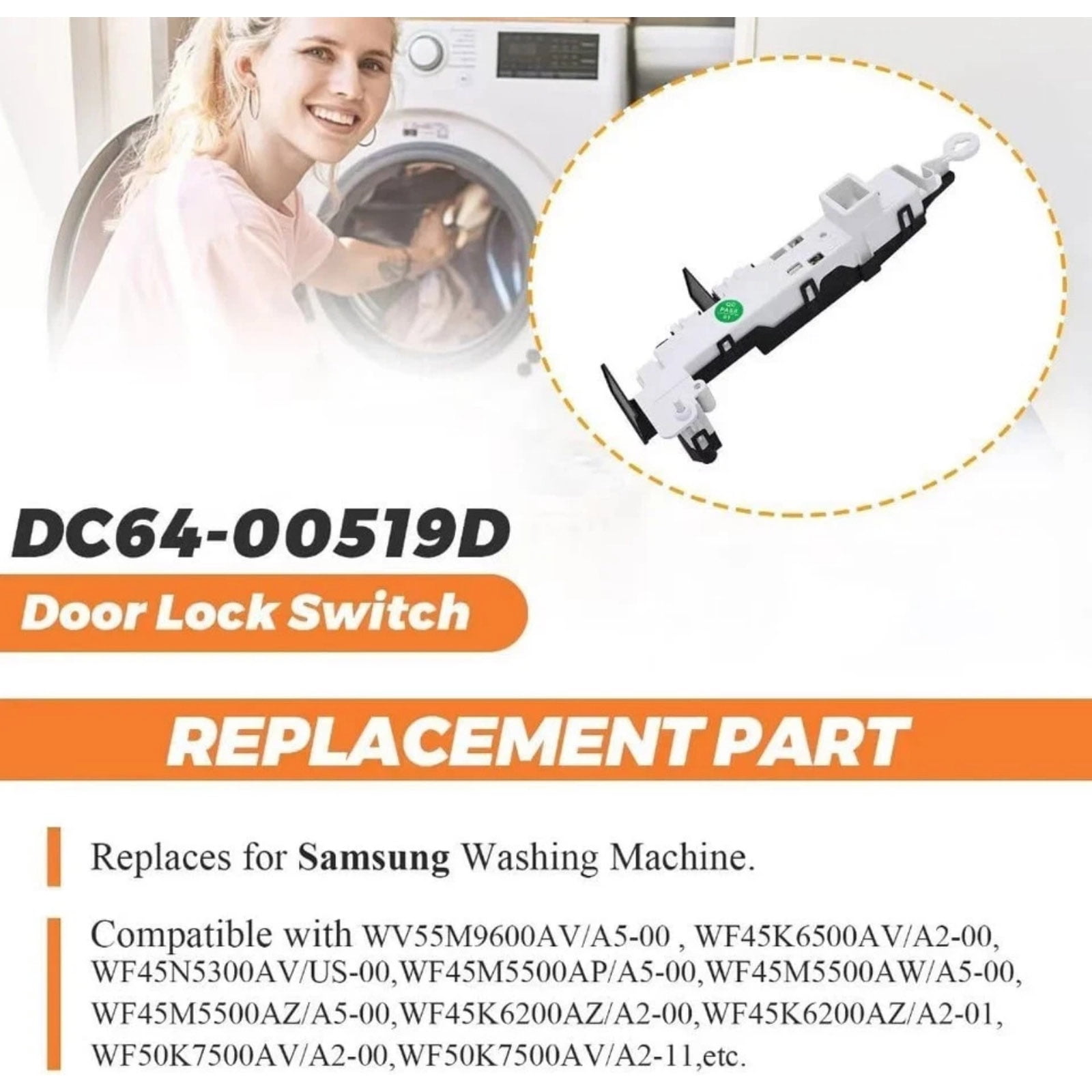 APPLAYERR For Washing Machine Door Lock Safety DC64-00519D Replacement Assembly for Samsung WF45N5300AV WF50K7500AV