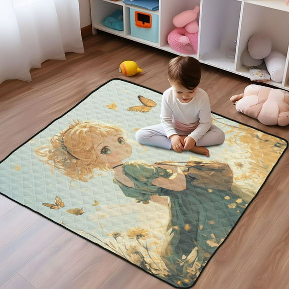 WOBOGO Little Lass Surrounded by Butterflies Baby Playmats Extra Large Waterproof Rollable Activity Pads for Toddlers 50×50inch