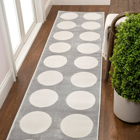 JONATHAN Y SANDSTONE 2 x 8 Runner Rug, Adrian Circle Dot - Light Gray/Cream, SND105C-28