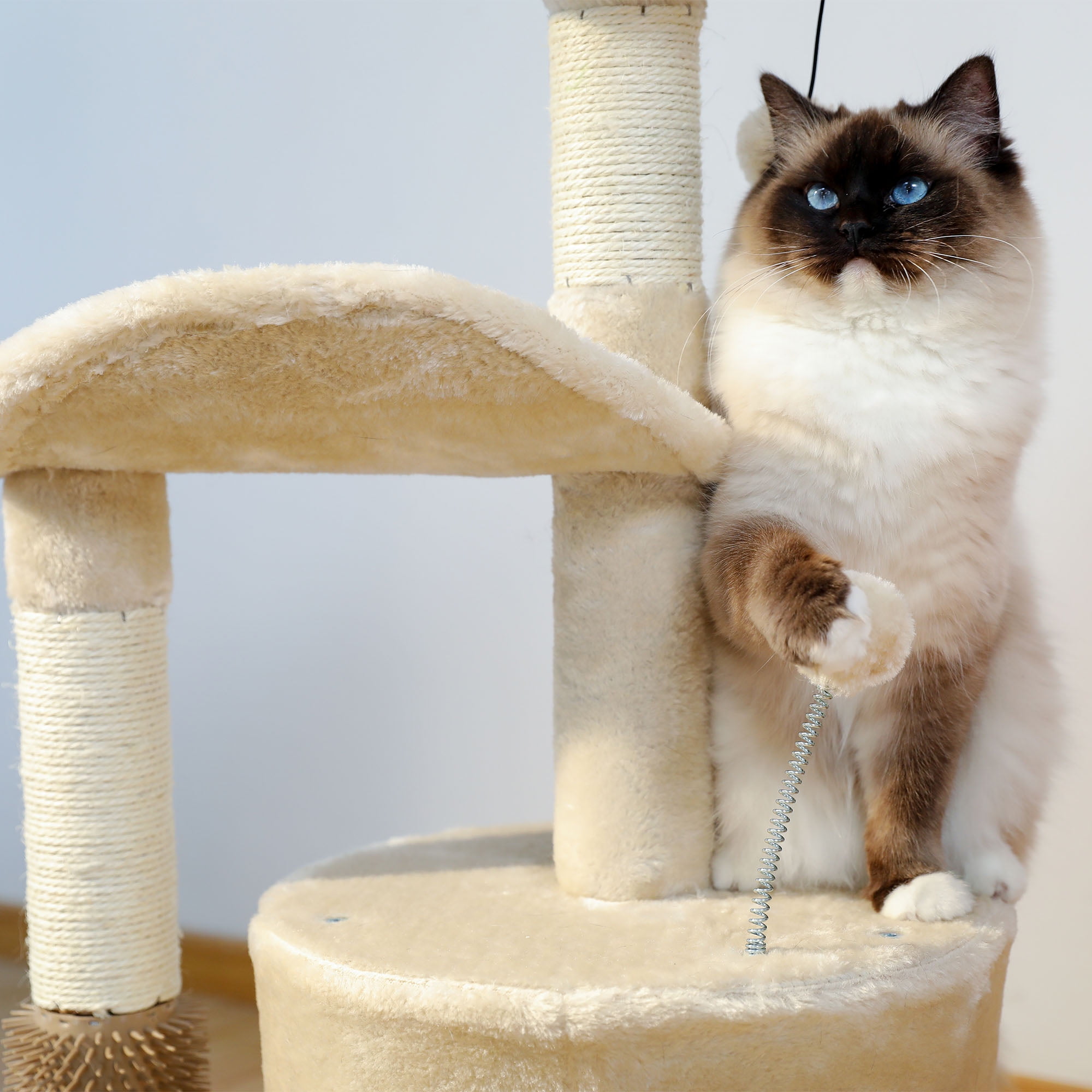 Pefilos 32" Cat Tree Indoor with Self Groomer Brush, Sisal Scratching Post, Dangling Ball, Wood Cat Condo Tower for Small, Medium Cats, Beige Pefilos 32" Cat Tree Indoor with Self Groomer Brush, Sisal Scratching Post, Dangling Ball, Wood Cat Condo Tower for Small, Medium Cats, Beige
