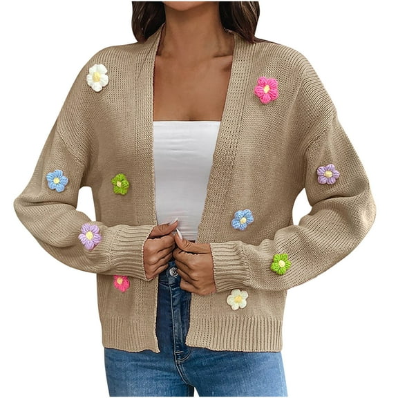 Enjoytime Cardigans for Women Trendy Printed V-Neck Long Sleeve Knit Cardigan Coat Casual Loose Cute Sweaters for Women Khaki M