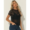 thumbnail image 2 of DARING DIVA Round Neck Scalloped Trim Floral Lace Top XS Blacks, 2 of 6