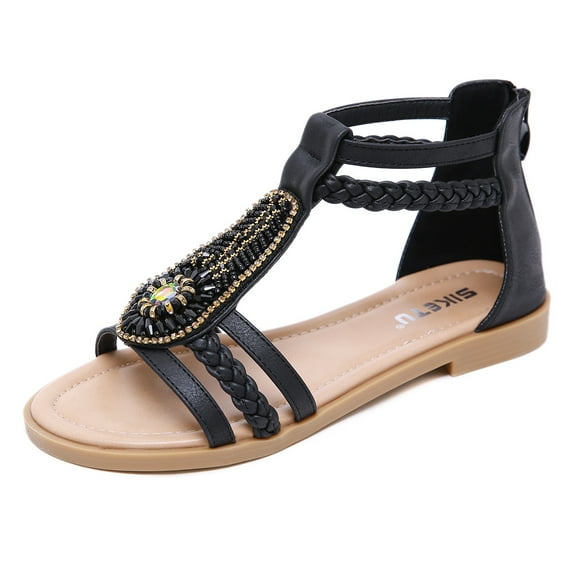 Sandals for Women Flats Sandal with Elastic Ankle Strap Comfortable Bohemian Womens Flat Shoes Dress Slip On Outdoor Summer Shoes