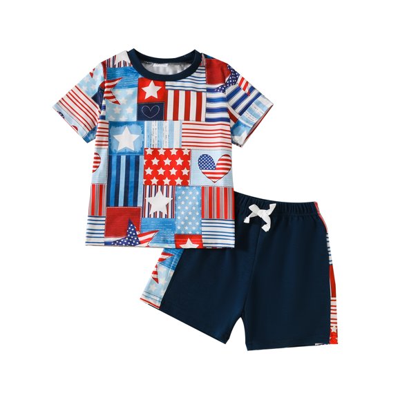 Aojekbee 4th of July Kids Boys Outfits Stripe Stars Print Patchwork Short Sleeve T-Shirts Elastic Waist Shorts 2Pcs Clothes Set