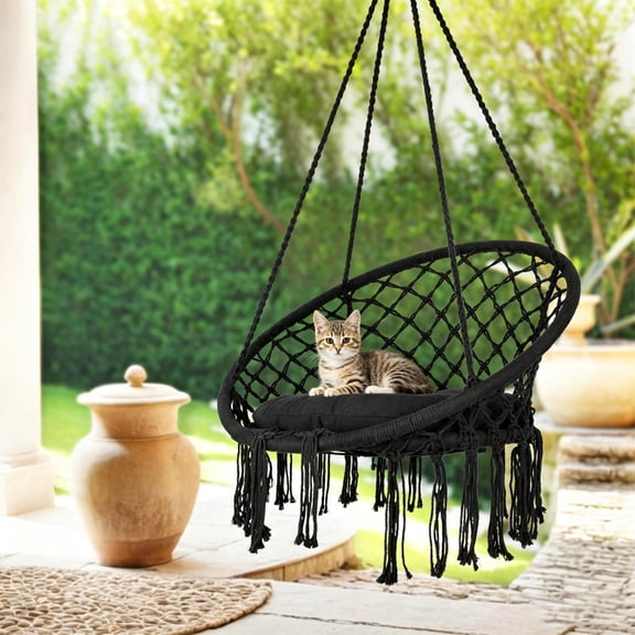 Tanfengu Hanging Chair 360 lbs, 31.5in Lightweight Hammock Chair with Comfort Cushion, Macrame Swing Chair for Indoor and Outdoor Use, Black