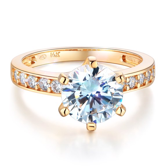 Wellingsale Ladies Solid 14k Yellow Gold Polished CZ Cubic Zirconia Round Cut Engagement Ring with Side Stones - Size 4