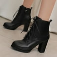thumbnail image 3 of Womens High Heels Combat Boots 2025 Fashion Black Leather Pointed Toe Chunky Block Heeled Mid Calf Short Dress Ankle Booties Black Size 5.5, 3 of 8