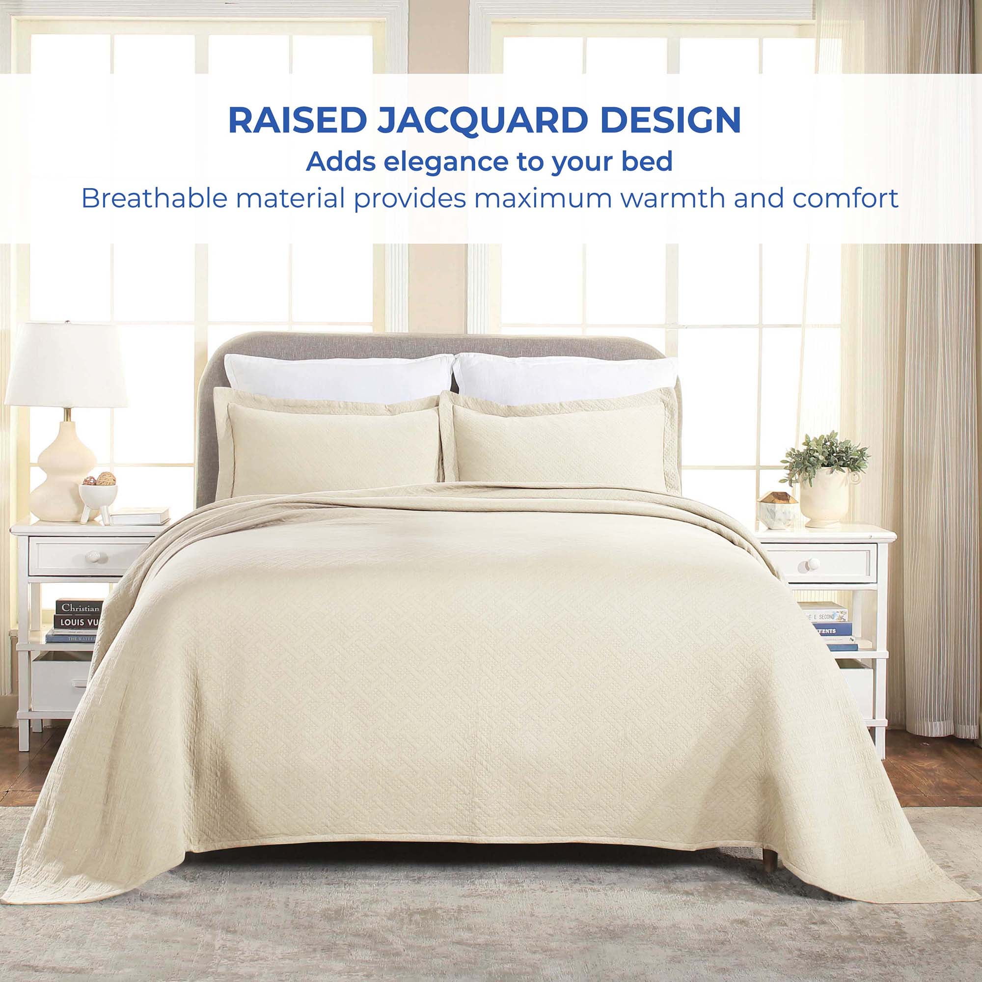 Superior Basket Weave 2 Piece Decorative Cotton Bedspread, Lightweight Bedding Set, Twin Size, Ivory