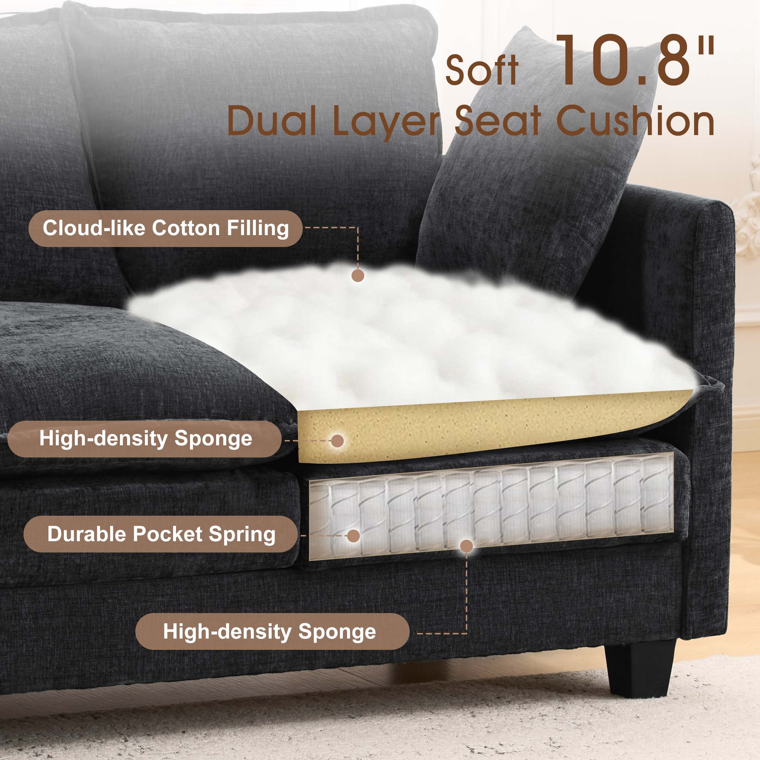 Dioepic 50" Loveseat Sofa Deep Seat Chenille Fabric with 2 Pillows for Living Room and Small Spaces, Black