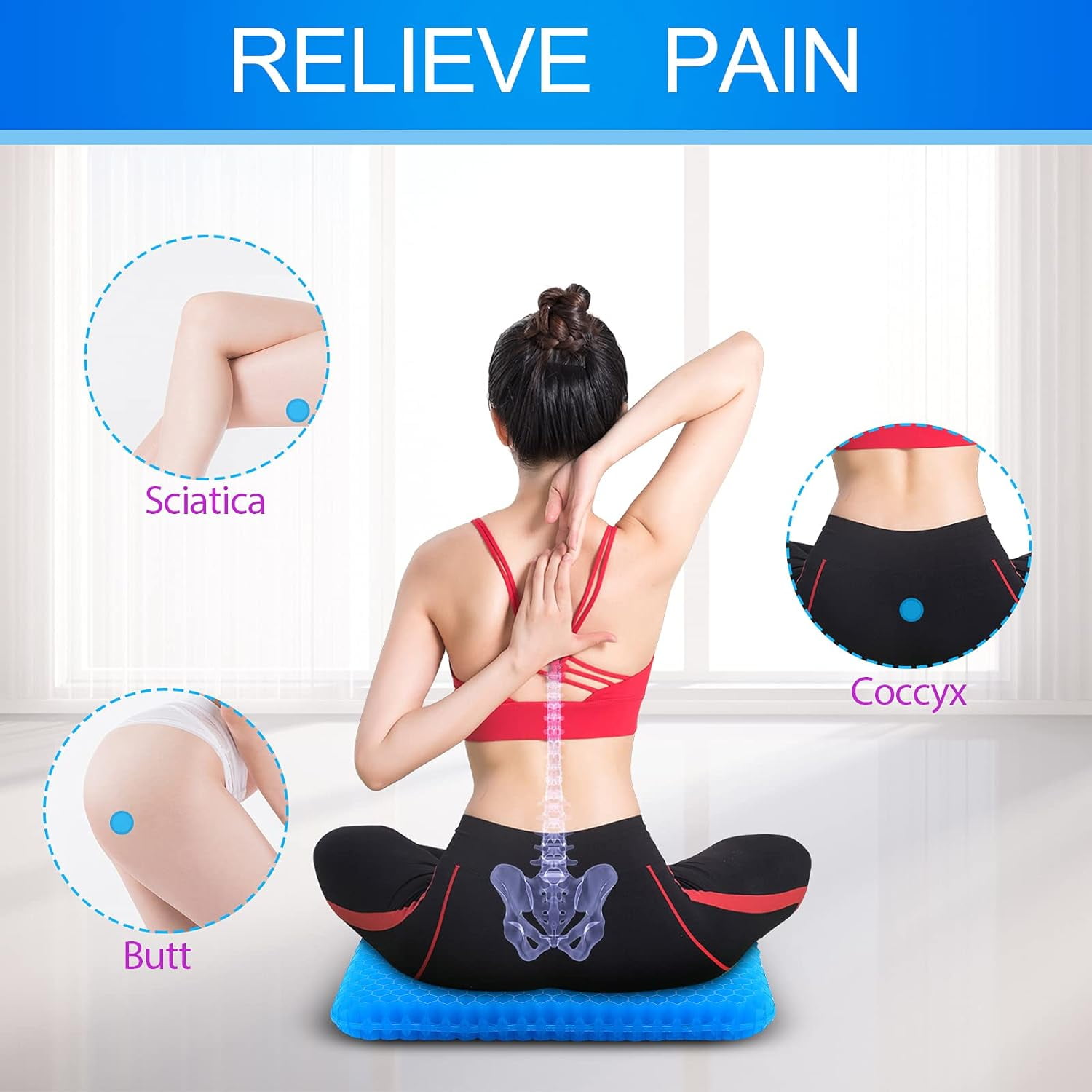 Large Gel Seat Cushion for Long Sitting , Soft & Breathable, Gel Cushion for Wheelchair Reduce Sweat, Gel Chair Cushion for Hip Pain, Gel Seat Cushion for Office Chair（Blue)
