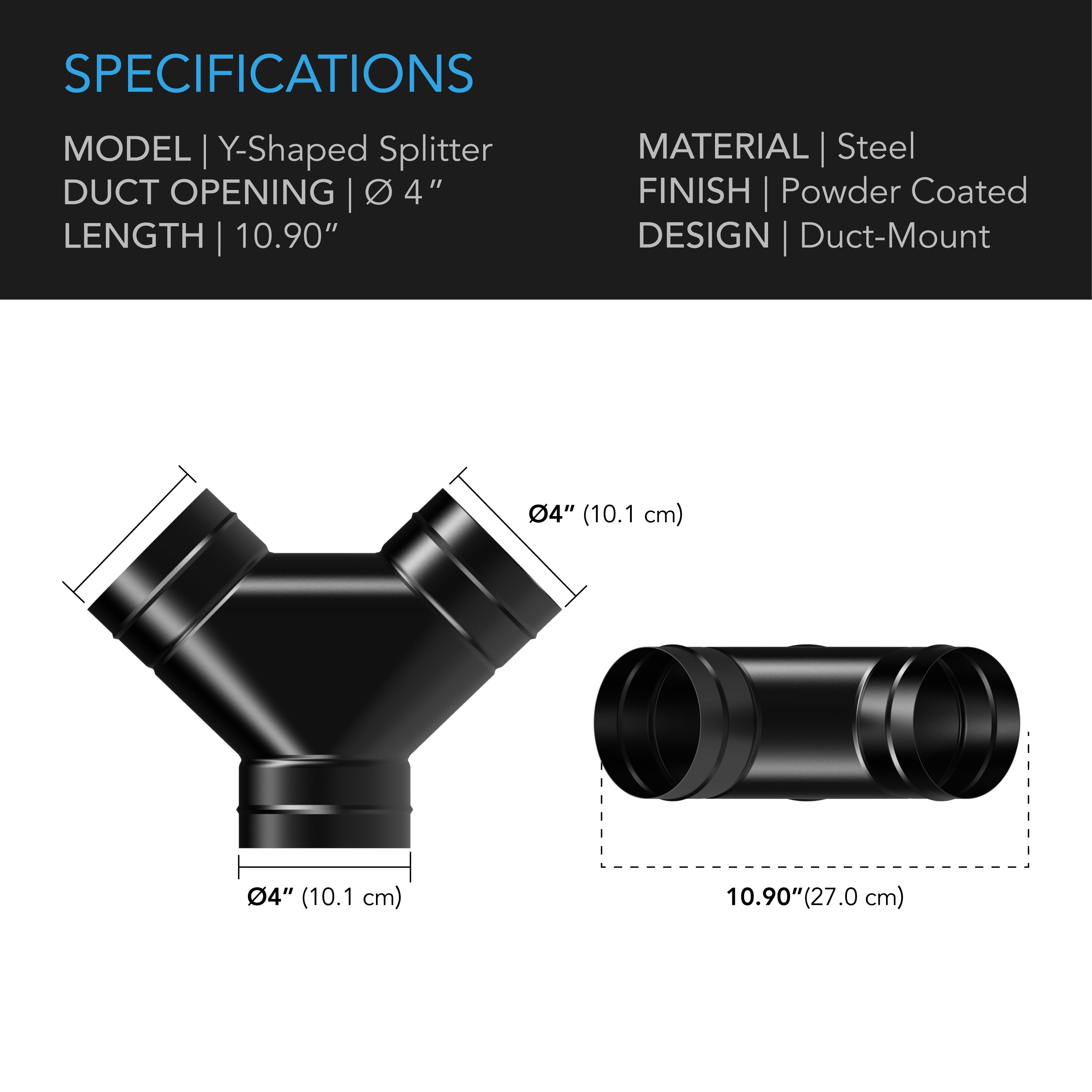 AC Infinity 3-Way Duct Splitter, 4 x 4 x 4" Exhaust Pipe Splitter Y Connector, for Indoor Growing Tents Dryer Vent Hoses