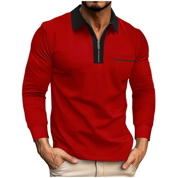 Muscularfit Red Polo Shirts Pocket Zip Plain Work Shirts Long Sleeve Collared Tshirt Pullover Mens T-Shirts,M