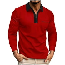 USNSM Men's Golf Shirt Casual Athletic Slim Fit Color Block Tennis Shirt Turndown Collar Zipper Long Sleeve Pullover T-Shirt with Chest Pocket Red M