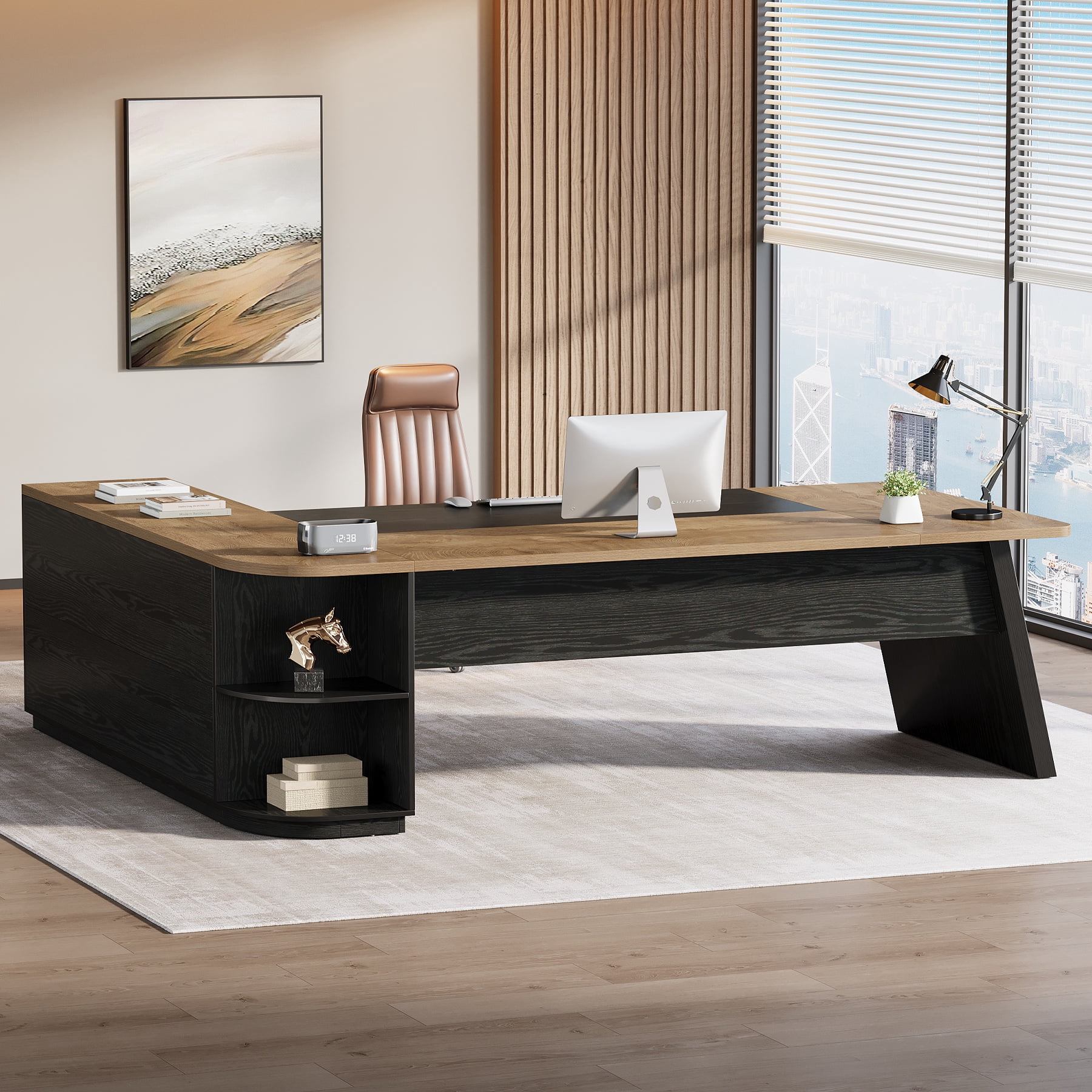 Finmind 79-inch L-Shaped Executive Desk, Large Office Desk with Cabinet and Storage Shelves for Home Office, Light Brown and Black