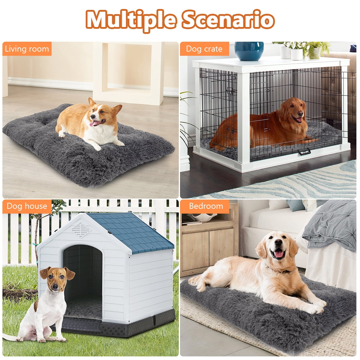 CshidWorld Large Dog Bed, Plush Fluffy Dog Cage Bed up to 65lb, Orthopedic Dog Bed Washable Dog Mat with Non Slip Bottom for Large and Medium Dogs, Soft Plush Dog Crate Bed , 36"x27", Gray