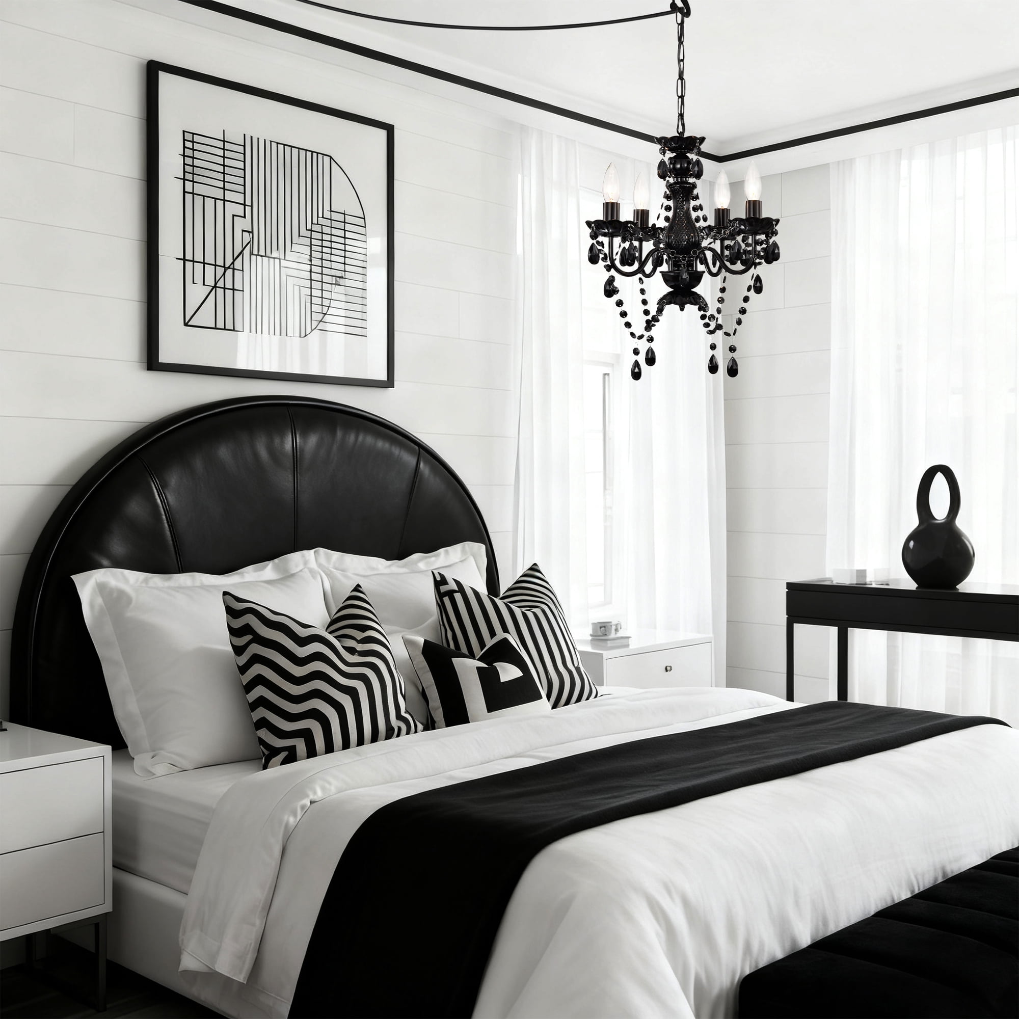 4-Light Elegant Black Finish Plug-in Crystal Chandelier for Bedroom Dining Room, Mini Adjustable Hanging Light
