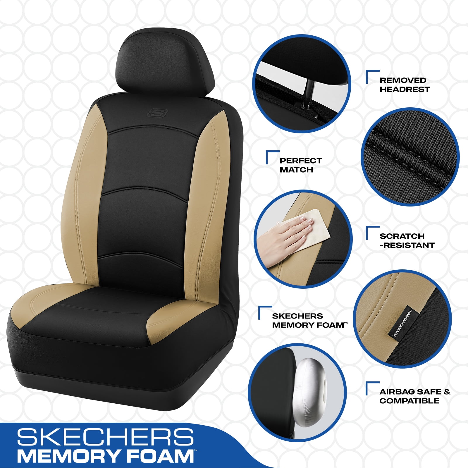 Skechers Lycra Memory Foam Car Seat Covers,Soft,Comfortable,Universal Fit for Cars,Trucks and SUVs Beige