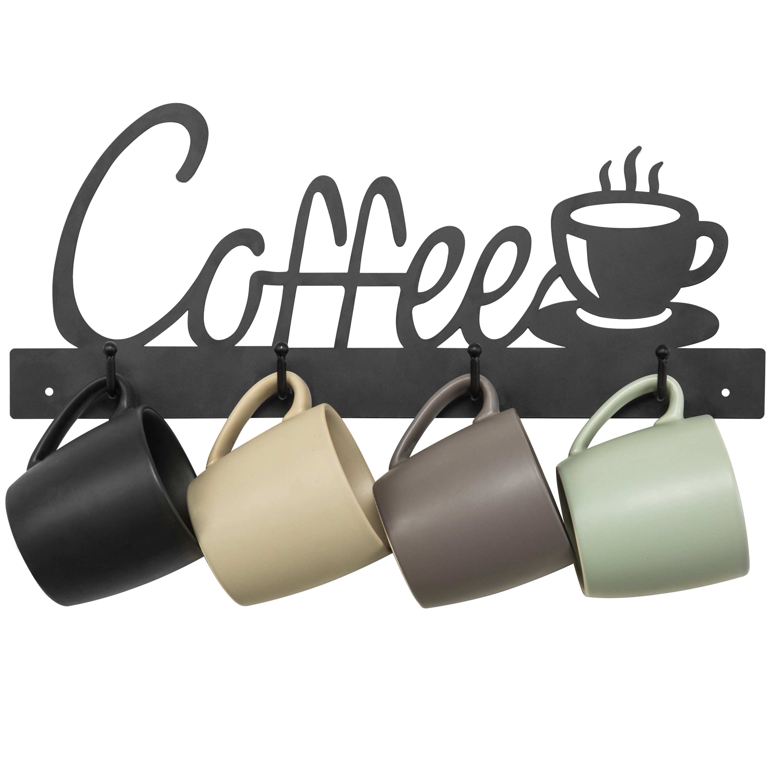 MyGift 4Hook Coffee Cup Design Wall Mounted Black Metal Mug Rack