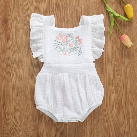 

Newborn Baby Girls Cotton Ruffle Romper Embroidered Flower Jumpsuit Bodysuit Outfits