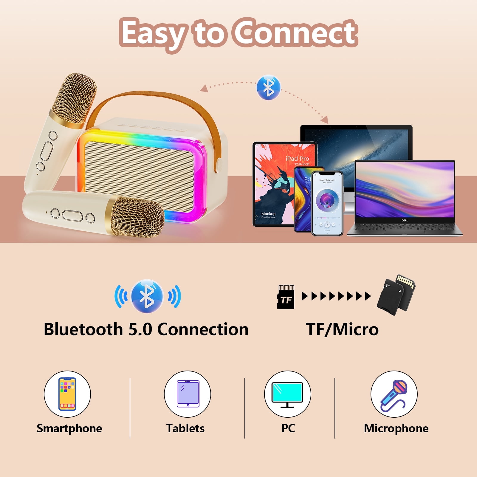 FanFun Karaoke Machine with 2 Microphones for Adults Kids, Portable Karaoke Speaker Bluetooth with Colorful LED Lights