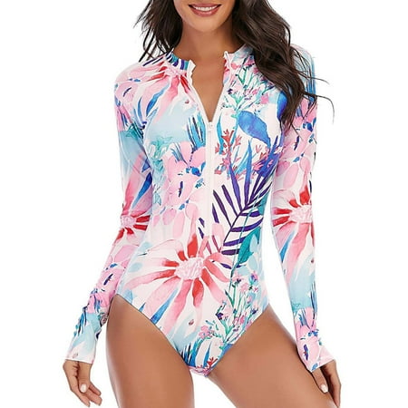 

Women s Long Sleeve UPF 50+ Zippered Floral Athletic Swimwear