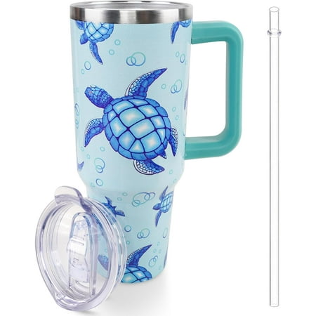 

40 oz Sea Turtle Tumbler with Handle and Straw Travel Mug Water Bottle Stainless Steel Insulated Cup with Lid and Straw Birthday Christmas Gifts