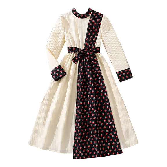 XEGLSBU Easter Dresses for Girls 10-12 Yellow Kids Girls Dress Long Sleeve Splice Floral Print Tie Waist Ruffle Party Dress Beige Size 8-9 Years