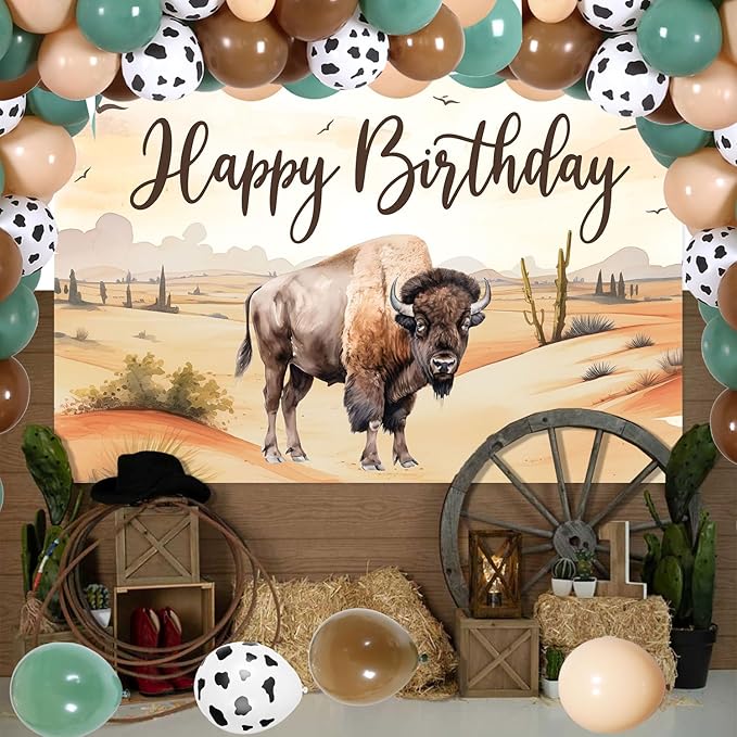 Buffalo Party Decorations, Bison Themed Party Decor with Bison Happy Birthday Backdrop Cow Brown Green Balloon Garland Arch Kit for Highland Cow Baby Shower Party Decor Supplies