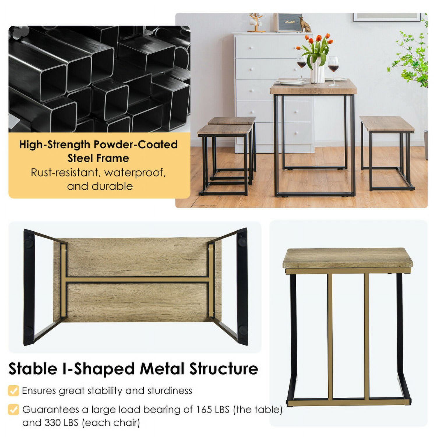 Finihen Dining Set, Dining Table Set, 4 Pieces Industrial Dinette Set with Bench and 2 Stools, for Home, Restaurant, Oak Finihen Dining Set, Dining Table Set, 4 Pieces Industrial Dinette Set with Bench and 2 Stools, for Home, Restaurant, Oak