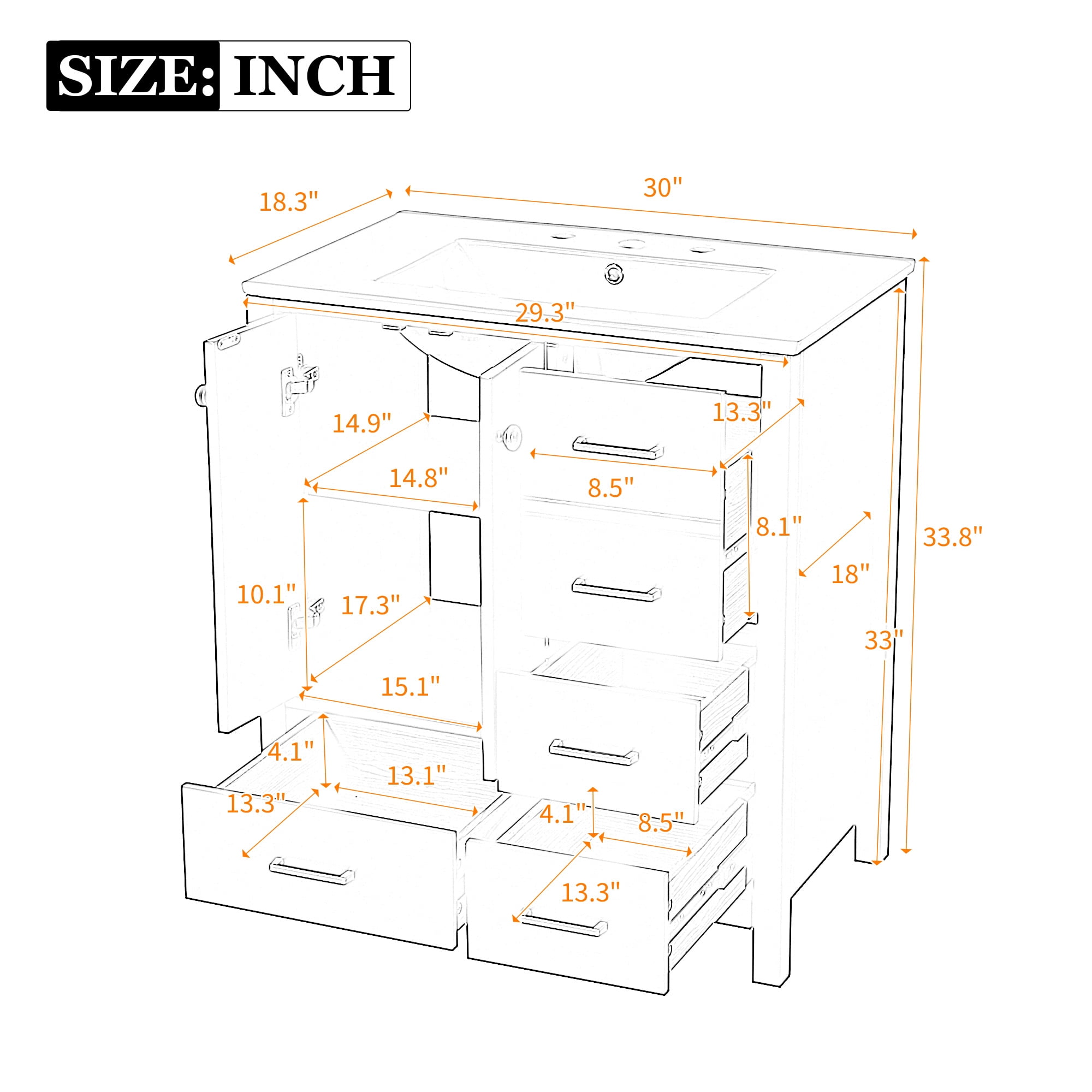Euroco 30'' Bathroom Vanity with Ceramic Sink Combo, Solid Wood Frame Bathroom Storage Cabinet, Freestanding Vanity Set with 4 Drawers& Soft Closing Doors, White