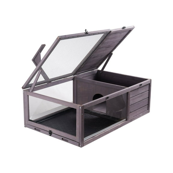 FITHOOD Tortoise Habitat Wooden Tortoise House Indoor & Outdoor 2-Room 38x24x13in