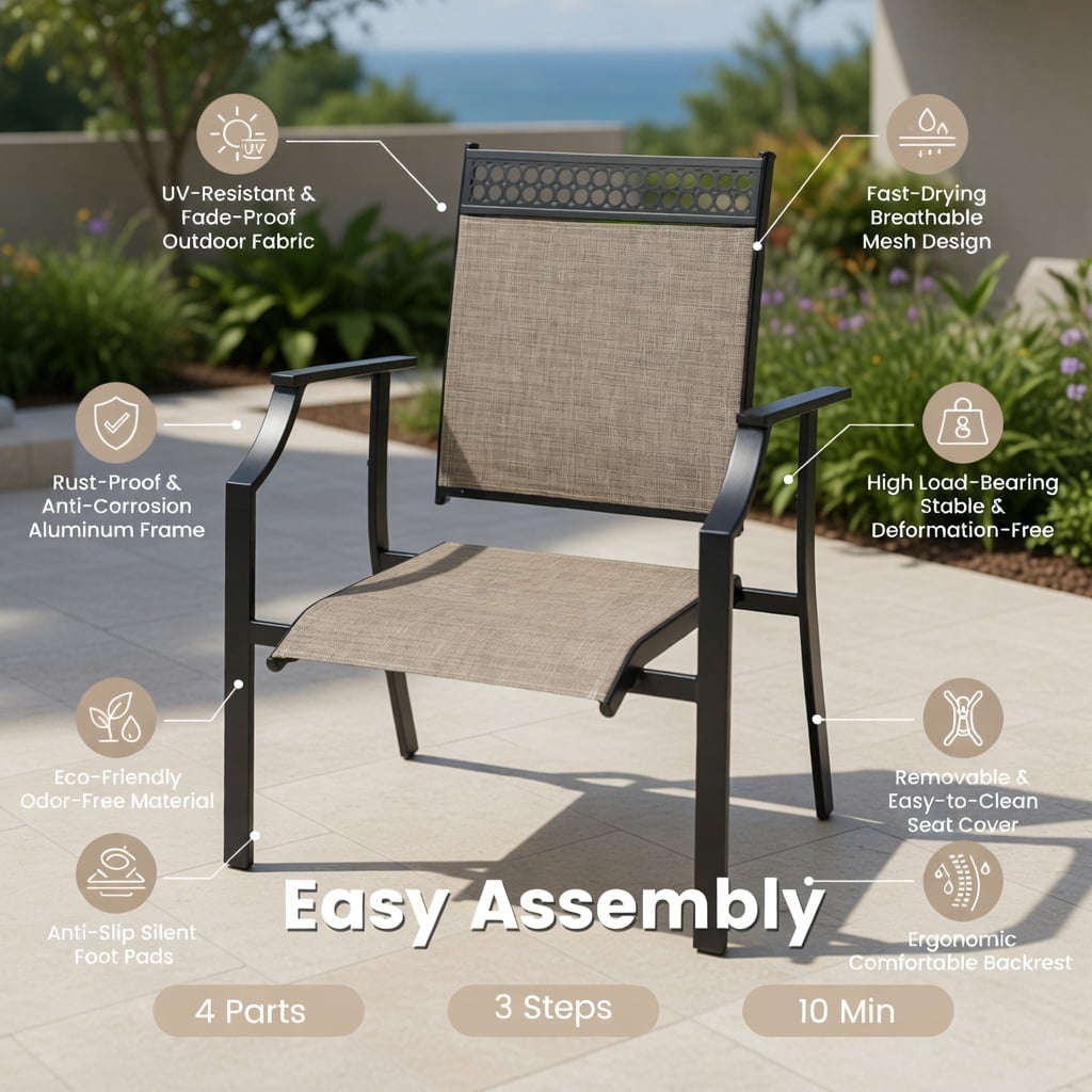 Hommoo 2-Piece Outdoor Patio Chair Set, All-Weather Breathable Fabric, Heavy-Duty Steel Frame, Poolside & Lawn Ready, Brown