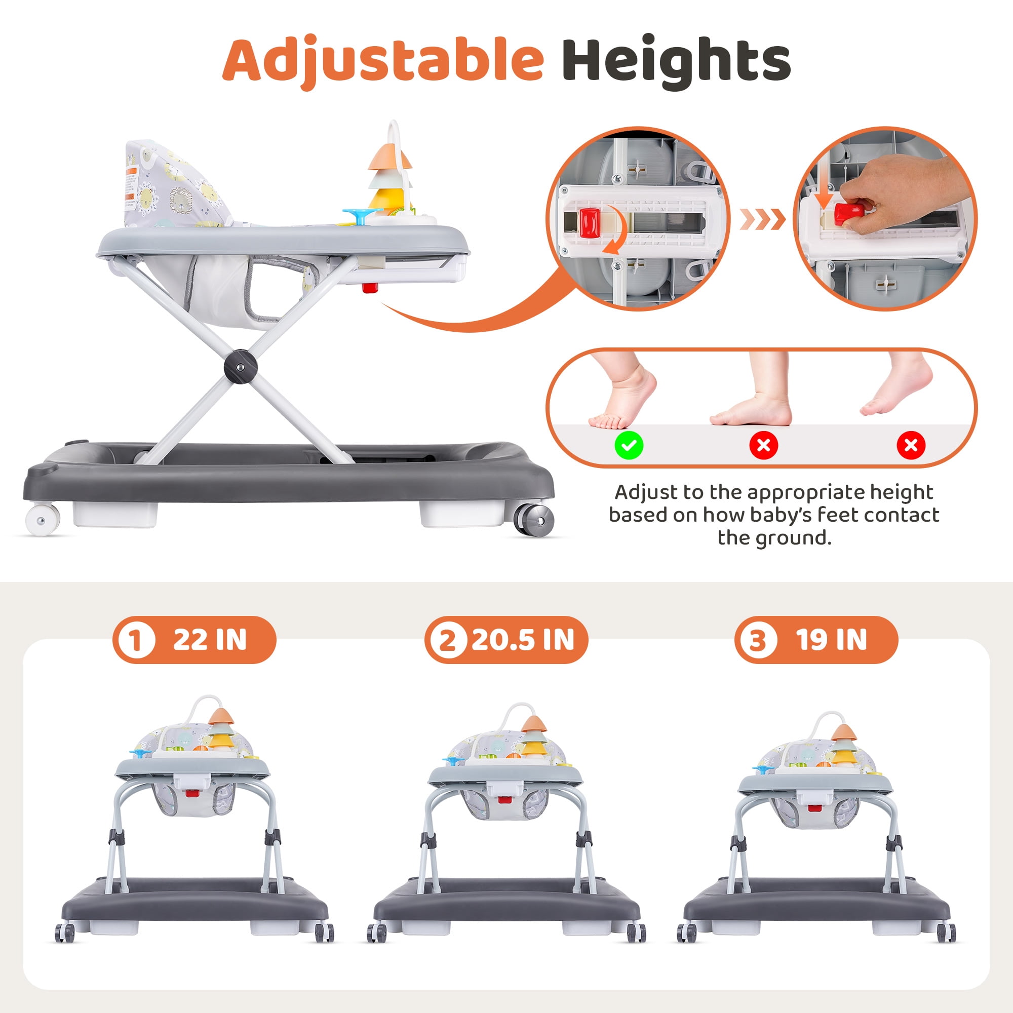 Babyeap Baby Walker,Foldable Baby Activity Walker with Wheels,Toddler Activity Centers,Removable Toys,Ages 6-15 Months,Gray
