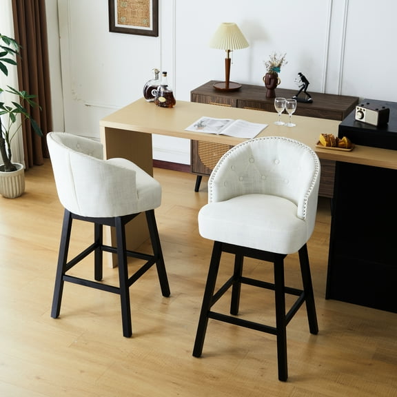 Of 2 33.25" Counter Height Stools, Upholstered With Soft Seat, Solid Rubber Wood Frame, 360° Swivel Feature, , Footrest, Black And Beige Bar Stools - Fashionable Look Frame   For Home