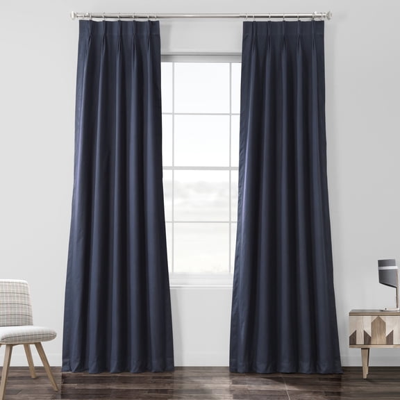 Polo Navy Solid Cotton Pleated Curtain (1 Panel), Polo Navy, 25W X 108L