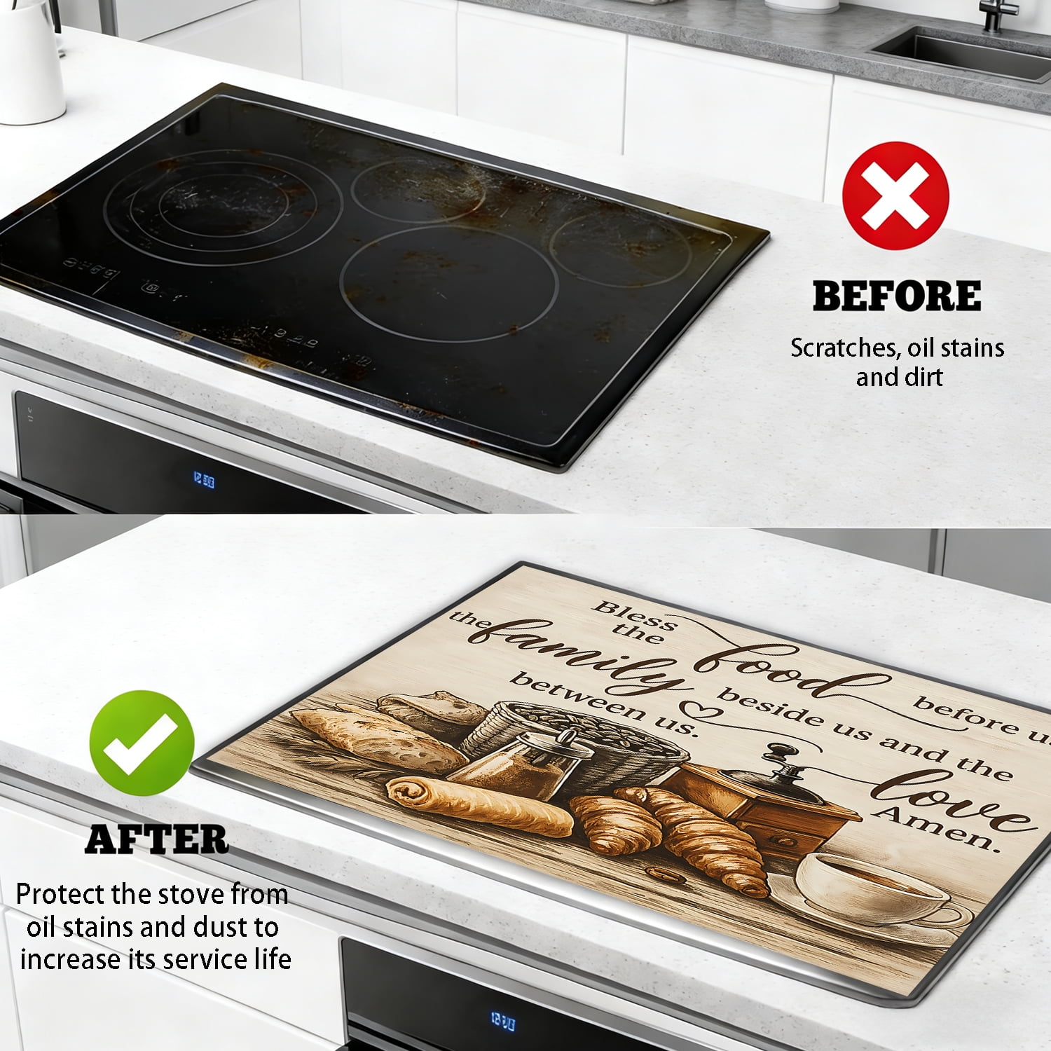 Stove Top Cover for Electric Stove, 28.5" x 20.5" Heat Resistant Glass Cooktop Cover Mat, Multi-Purpose Countertop Protector for Stove & Washer Top, “Bless the Food” Kitchen Decor