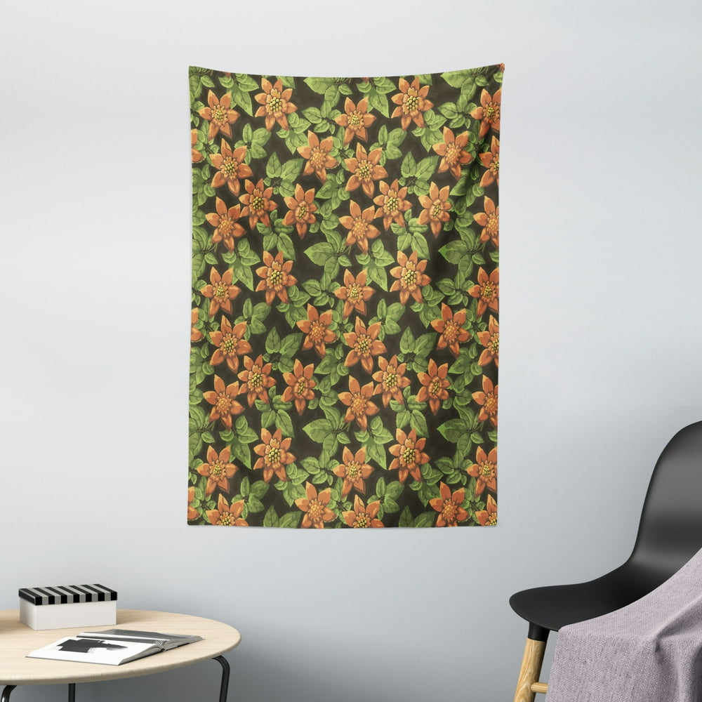 Burnt Orange Tapestry, Continuous Floral Pattern with Hand Paint Like