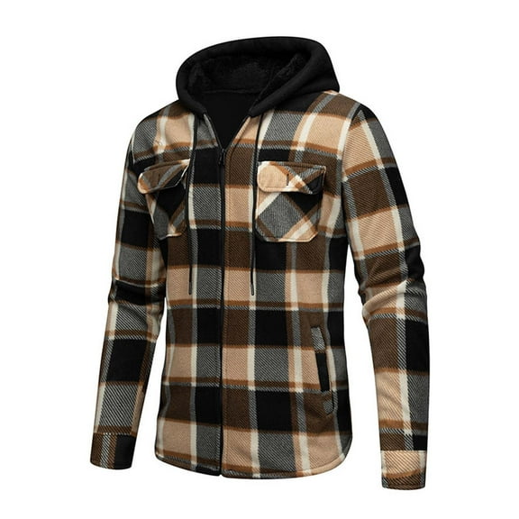 HAiming Mens Fleece Lined Jacket Plaid Full Zip Casual Long Sleeve Drawstring Hooded Coat with Pockets