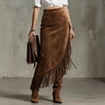 thumbnail image 2 of LWavelet Faux Suede Fringe Slit Midi Skirt Women Western Style Fall Casual Stylish Versatile Bottoms Brown M, 2 of 5