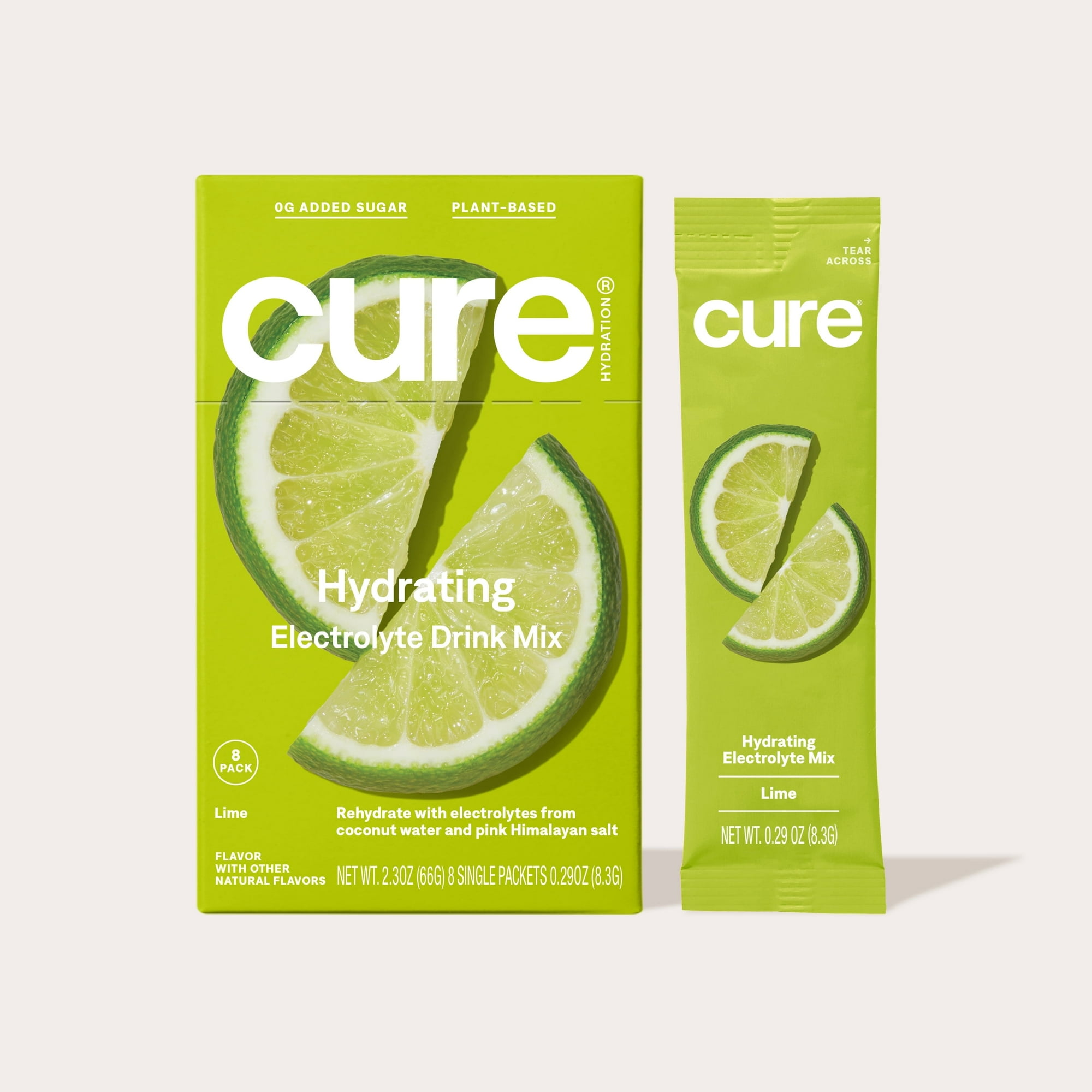 Cure Hydration Plant Based Electrolyte Mix | Powder for Dehydration Relief | Made with Coconut Water | Non-GMO | No Added Sugar | FSA & HSA | Vegan | Paleo Friendly | Box of 8 Packets - Lime