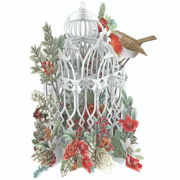 Me & McQ Christmas Flower Cage: Bird, Red and White Flowers and Pine Cones 3D Pop Up Laser Cut Christmas Card