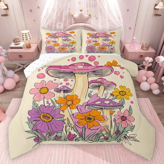 Homewish Kawaii Floral Mushroom Bedding Comforter Set 2pcs for Female Men Women,Botanical Plants Twin Comforter Sets Microfiber,Vintage Aesthetic Breathable Bedding Set,Lightweight Room Decor