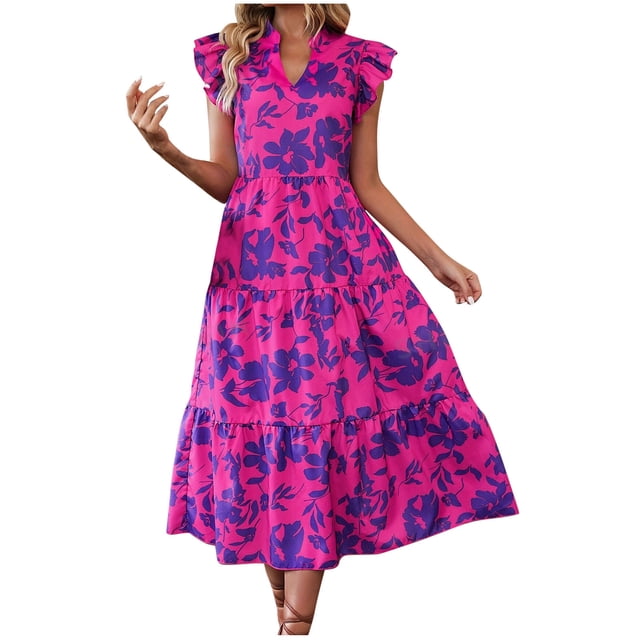 Jupes pour Femmes pour l'Été, Robe d'Été pour Femmes, Jupe à Volants Style Vacances Sans Manches Col en V Imprimée, Robe d'Été pour Femmes, Robe d'Été pour Femmes
