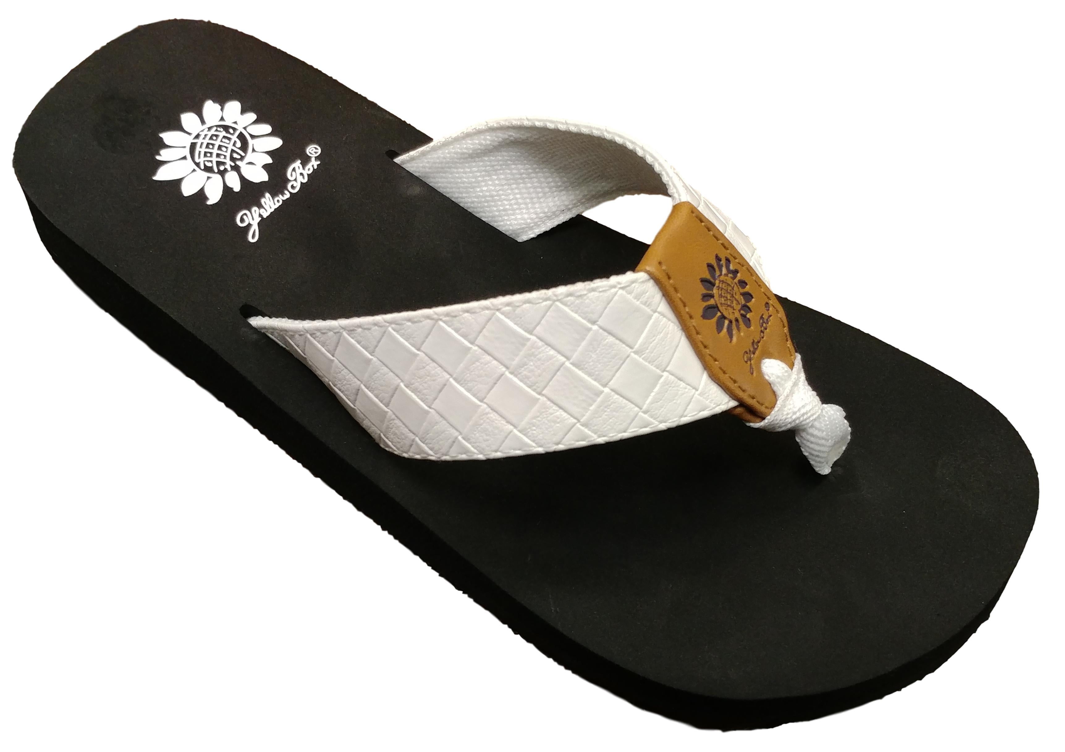 white yellow box flip flops