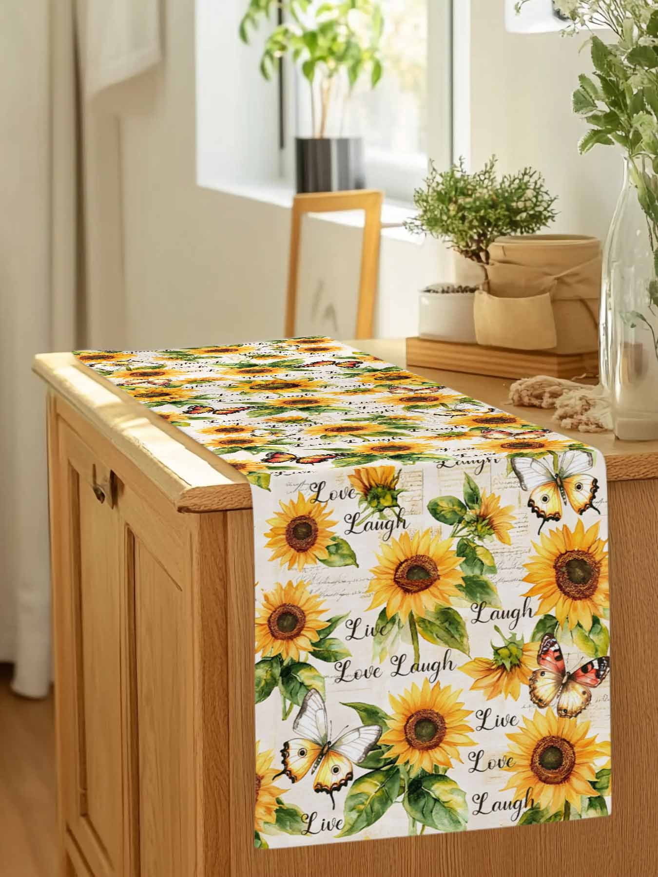 Watercolor Sunflower Butterfly Green Plants Table Runner 90 Inches Long, Blossom Floral Seamless Table Runners Tabletop Scarf Kitchen Dining Tables Decoration for Home Party Indoor Outdoor